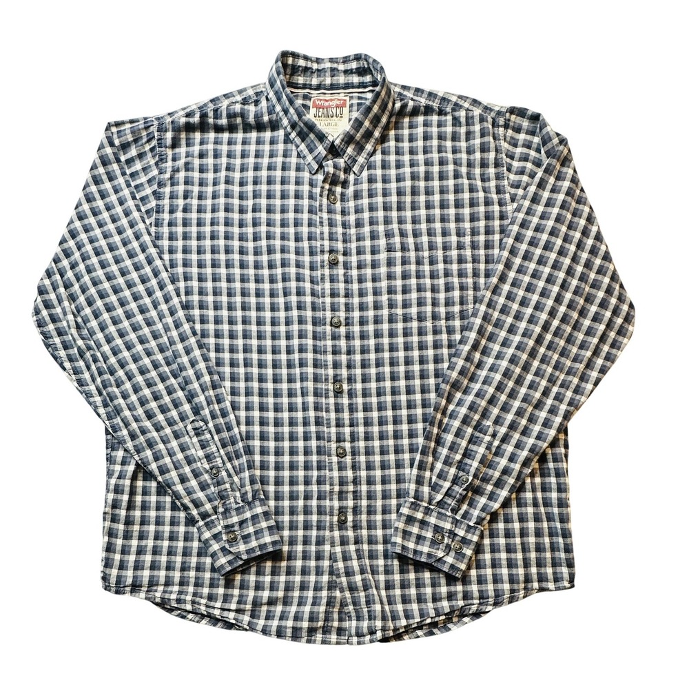 Wrangler Jeans Co Shirt Mens‎ Large Blue White Plaid Button Down Cotton Casual